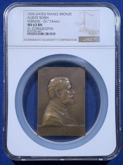 《竞宝斋》第477场 周日，周一 2场连拍 （全场包邮）欢迎送拍 - NGC MS63BN 法国著名医生纪念铜章，Vernon 名家手笔，艺术大师级精品，艺术价值极高，加大加厚盒装。