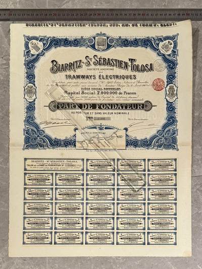 上世纪初国外股票金融票证限时拍，全场包邮0佣金，第260407期 -  【乾奕收藏】上世纪初法国-西班牙边境“比亚里茨-圣巴斯蒂安-图卢兹电车公司1911年创始人股票，编号15392，7000000法郎资本，分为70000股，品相以图为准，适合老证券、股票、历史资料收藏