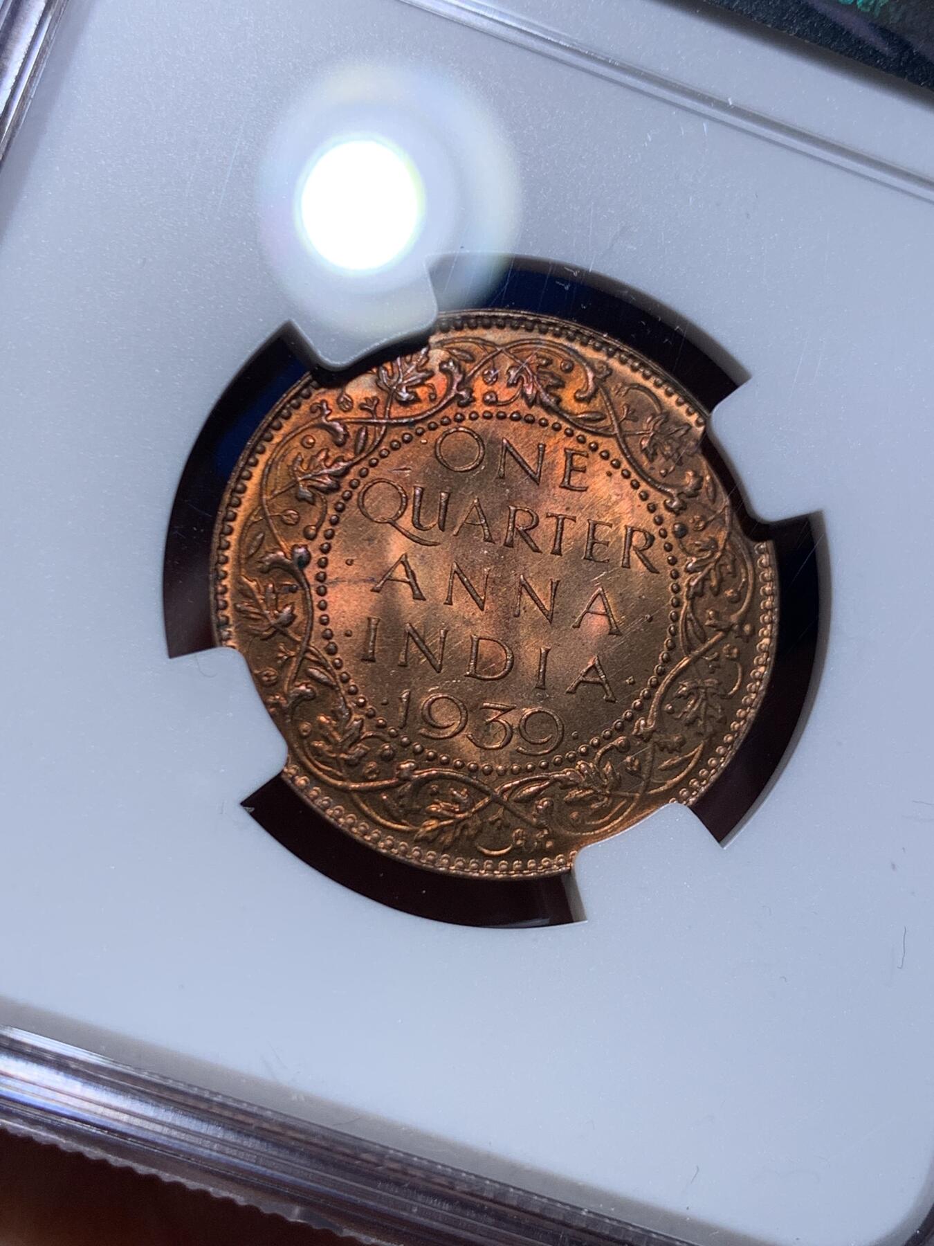 《竞宝斋》第477场 周日，周一 2场连拍 （全场包邮）欢迎送拍 NGC MS63RB 英属印度1939年B版1/4安娜铜币