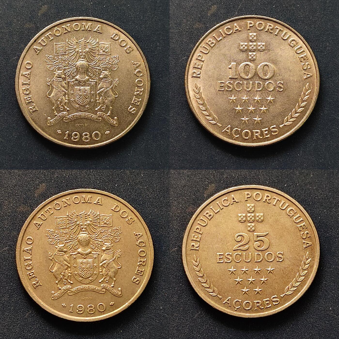 【全场包邮】纯粹捡漏拍518场 葡萄牙亚速尔群岛1980年25/100埃斯库多亚速尔群岛区域自治纪念币2枚全套
