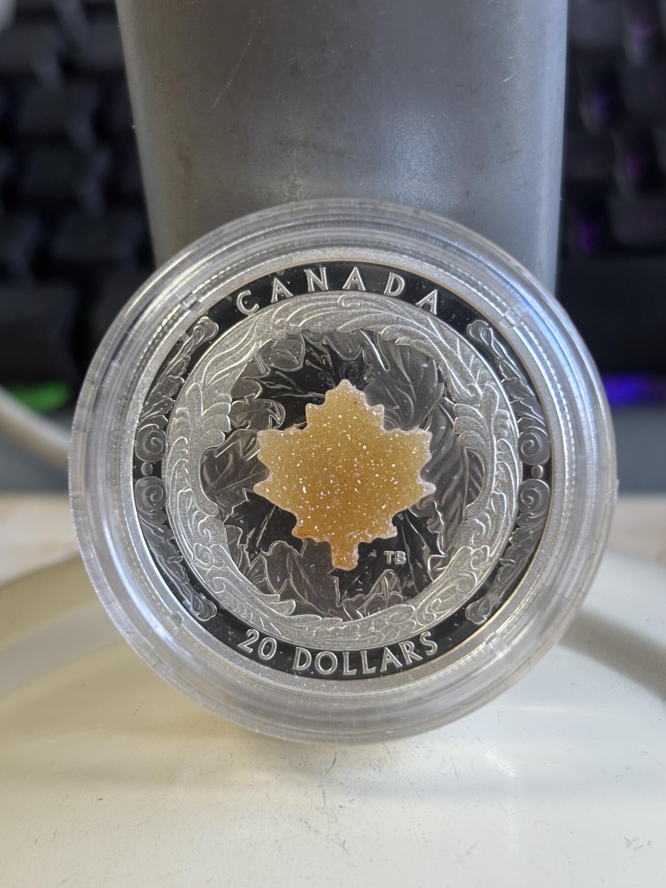 第197期拍卖 加拿大2016年雄伟的枫叶首枚镶嵌宝石大桦叶纪念银币，9999银，1盎司，发行4000枚