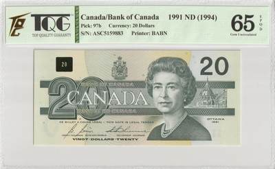 PThappally收藏第56次拍卖，英联邦地区硬币纸币 - 加拿大银行1994年20元 Pick 97b