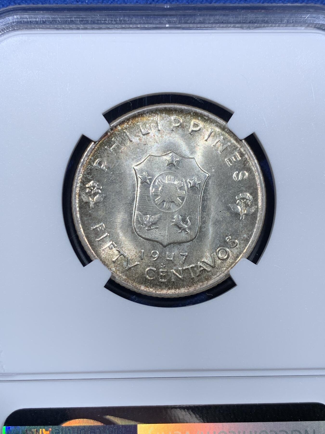《竞宝斋》第477场 周日，周一 2场连拍 （全场包邮）欢迎送拍 NGC UNC 菲律宾 1947年 麦克阿瑟50分银币，正面人像旁边有一点小发丝 性价比之选