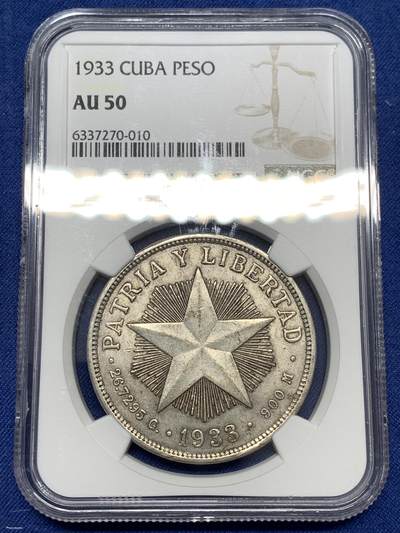 《竞宝斋》第477场 周日，周一 2场连拍 （全场包邮）欢迎送拍 - NGC AU50 古巴1933年五角大型银币，包浆均匀醇厚、字口图案清晰挺拔，底板状态好