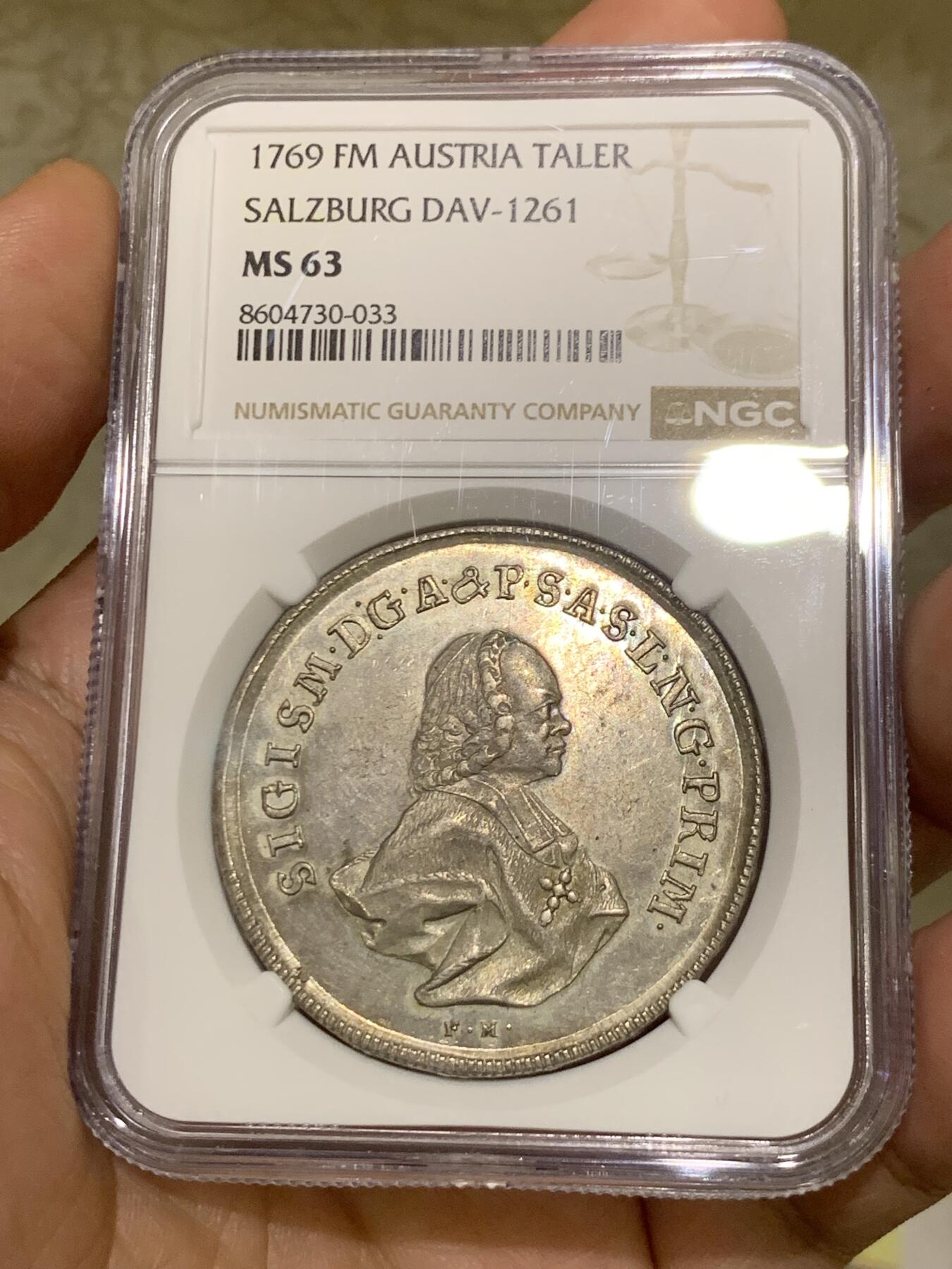 《竞宝斋》第477场 周日，周一 2场连拍 （全场包邮）欢迎送拍 唯一冠军分 NGC MS63 奥地利帝国 1769年 萨尔茨堡大主教区 施拉滕巴赫泰勒大银币 少见的小人像版本 也是唯一的MS级