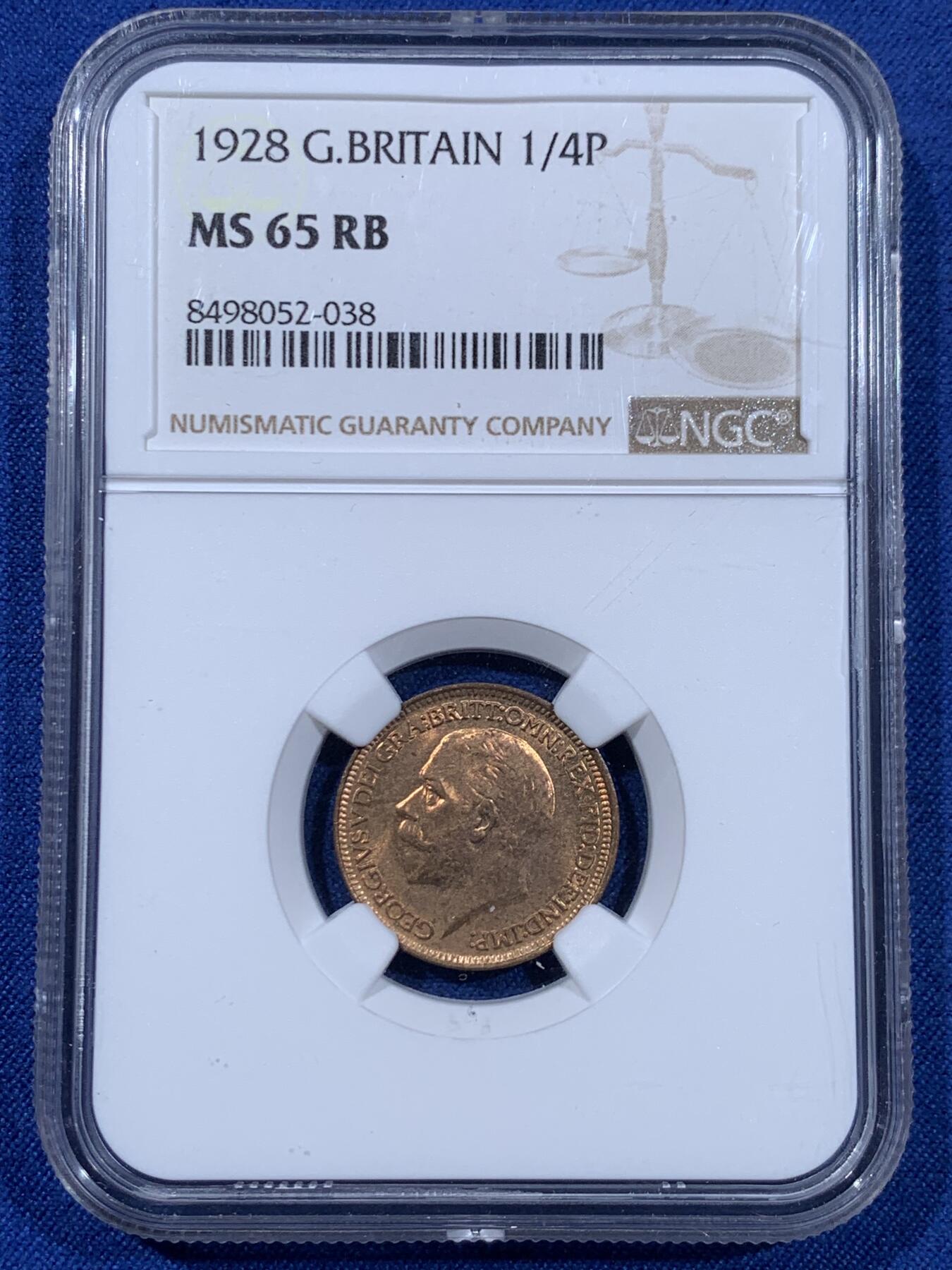 《竞宝斋》第477场 周日，周一 2场连拍 （全场包邮）欢迎送拍 NGC MS65RB 英国 1928年 乔治五世 1法新铜 1/4便士铜币 第三版头像相较前两版对于细节的营造更为清晰，整体更加工整。高分难得