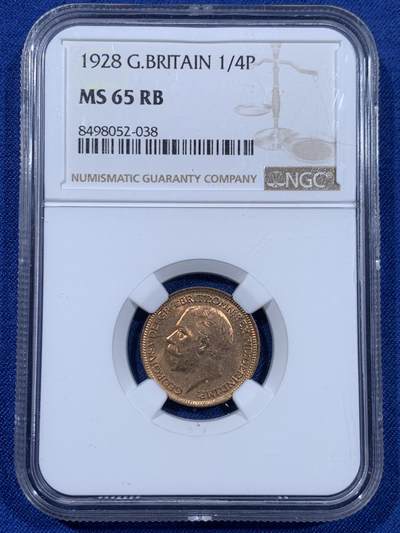 《竞宝斋》第477场 周日，周一 2场连拍 （全场包邮）欢迎送拍 - NGC MS65RB 英国 1928年 乔治五世 1法新铜 1/4便士铜币 第三版头像相较前两版对于细节的营造更为清晰，整体更加工整。高分难得