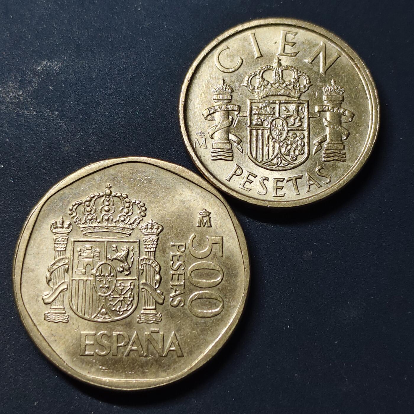 【全场包邮】纯粹捡漏拍518场 西班牙1979年主币100-500比塞塔2枚一组
