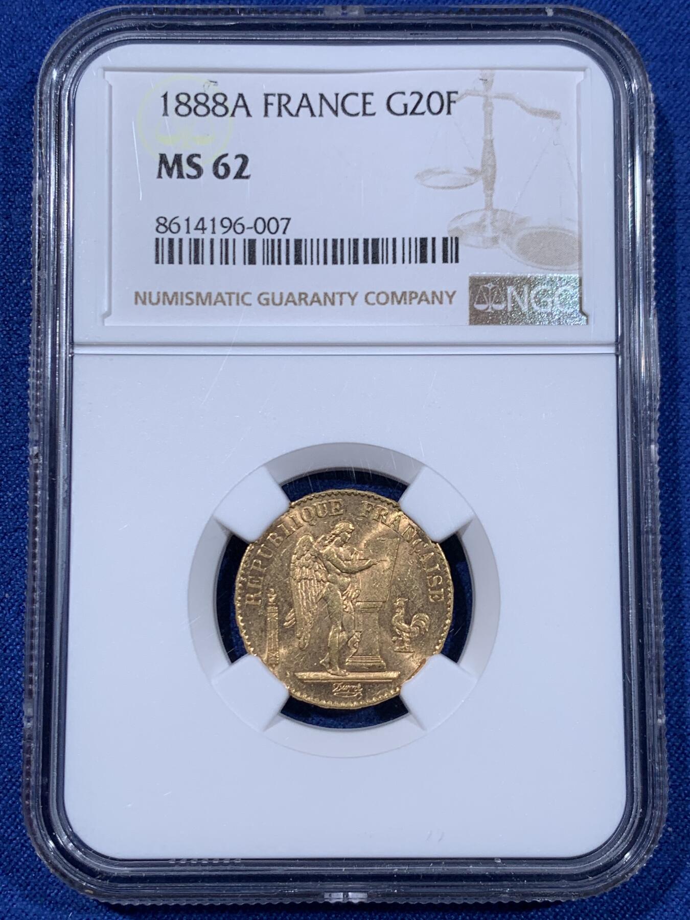 《竞宝斋》第477场 周日，周一 2场连拍 （全场包邮）欢迎送拍 NGC MS62 法国1888年幸运天使金币 20法郎 少见原光好品收藏金币 1888发财好币 此年是该系列中发行量最少的年份 900金 6.45克 只有27707枚 因此高分很难得