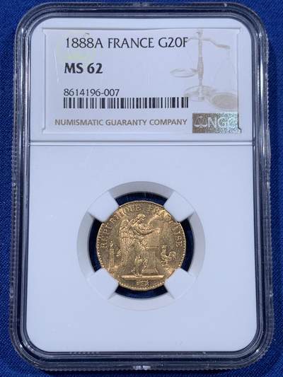 《竞宝斋》第477场 周日，周一 2场连拍 （全场包邮）欢迎送拍 - NGC MS62 法国1888年幸运天使金币 20法郎 少见原光好品收藏金币 1888发财好币 此年是该系列中发行量最少的年份 900金 6.45克 只有27707枚 因此高分很难得