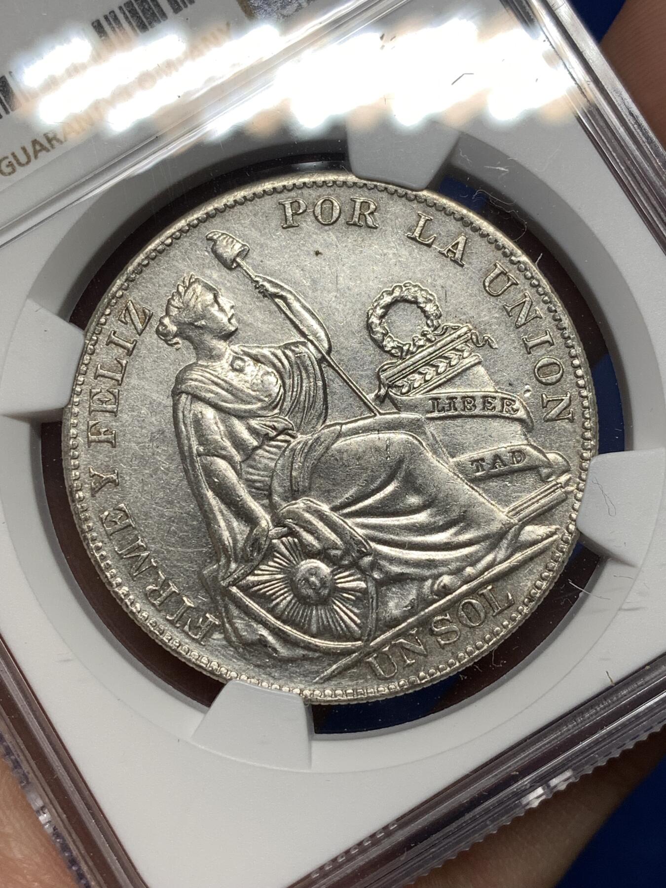 《竞宝斋》第477场 周日，周一 2场连拍 （全场包邮）欢迎送拍 NGC AUD 秘鲁1934年坐人女神1索尔银币