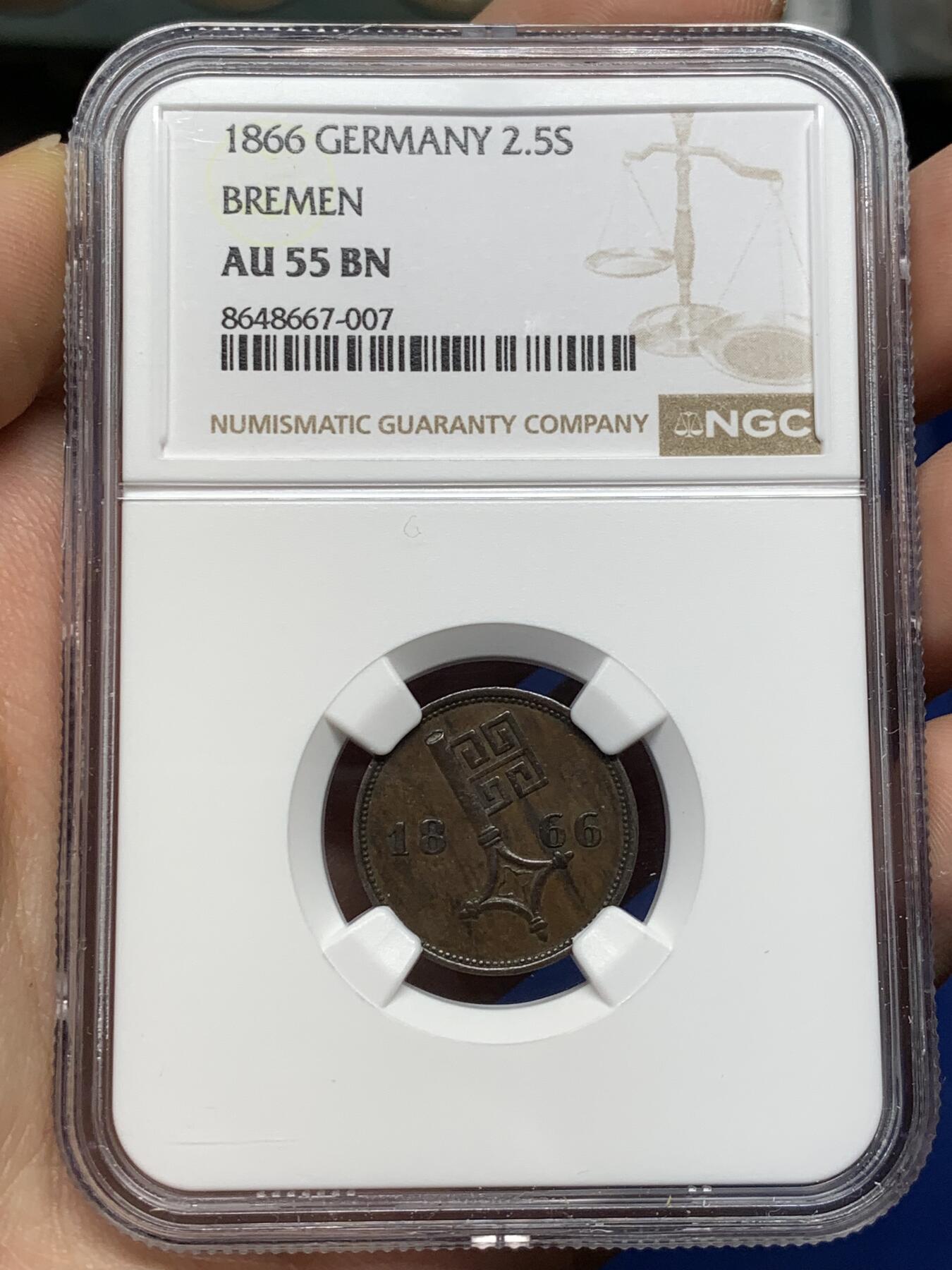 《竞宝斋》第477场 周日，周一 2场连拍 （全场包邮）欢迎送拍 NGC AU55BN 德国不来梅 1866年 2.5S 铜币