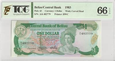 PThappally收藏第56次拍卖，英联邦地区硬币纸币 - 伯利兹中央银行 1983 年 1 元 Pick 43 TQG 66 GEPQ Gem UNC
