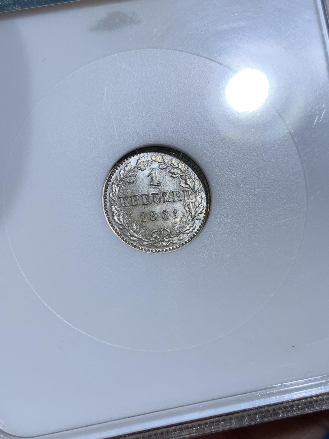 《竞宝斋》第477场 周日，周一 2场连拍 （全场包邮）欢迎送拍 NGC MS65 德意志法兰克福1861年1克鲁泽银币