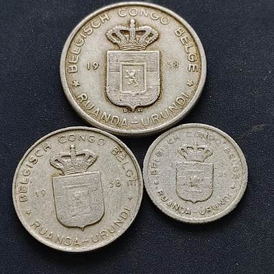 【全场包邮】纯粹捡漏拍518场 - 比属刚果-卢旺达-布隆迪1955-1958年3枚套币