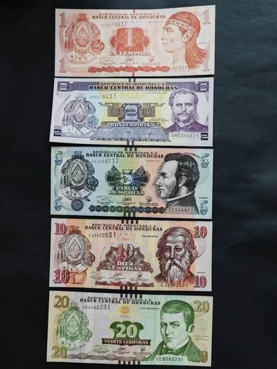 外国纸币专场260411场 - 洪都拉斯🇭🇳2012年一22年5全，（1一20伦皮拉）。全新品相UNC。