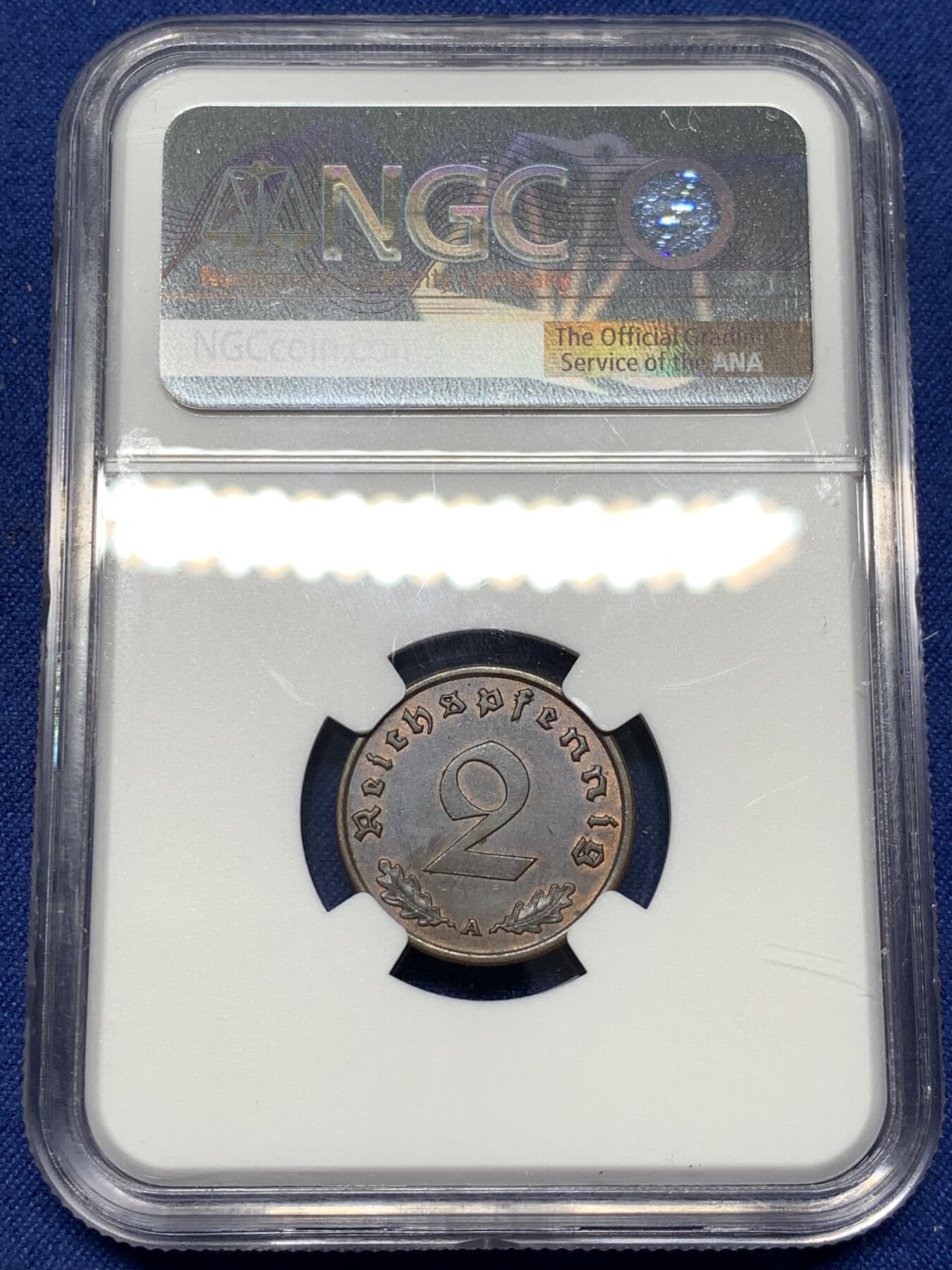 《竞宝斋》第477场 周日，周一 2场连拍 （全场包邮）欢迎送拍 NGC-MS62BN 德国1938A 二芬尼铜币，经典品种，品相不错