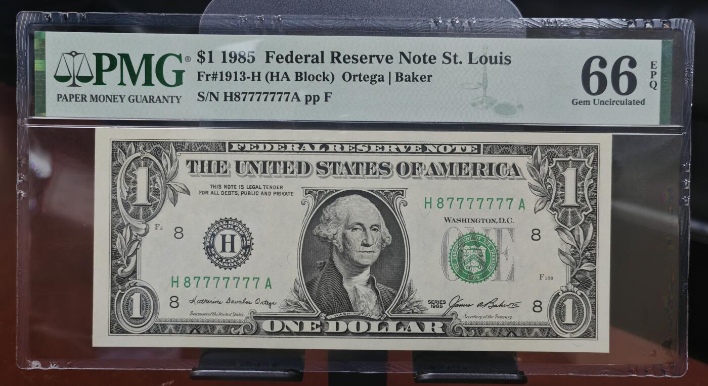 1985年美国1元，恐龙号87777777，幸运7，PMG 66E