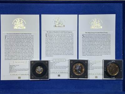 《竞宝斋》第477场 周日，周一 2场连拍 （全场包邮）欢迎送拍 - 三枚一组 乔治五世/伊丽莎白二世 铜镀24k金纪念币 带证书