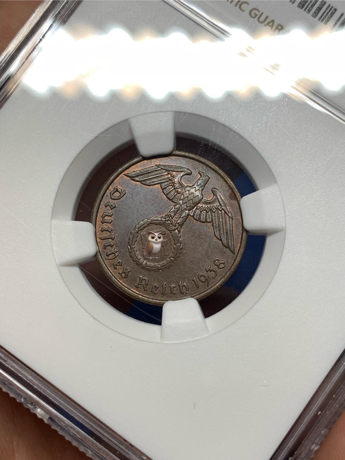 《竞宝斋》第477场 周日，周一 2场连拍 （全场包邮）欢迎送拍 NGC-MS62BN 德国1938A 二芬尼铜币，经典品种，品相不错