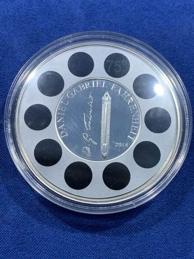 《竞宝斋》第477场 周日，周一 2场连拍 （全场包邮）欢迎送拍 - 帕劳2014年5元精制温感银币 华氏温标300年-丹尼尔·加布里埃尔·华伦海特（华氏温标的创立者，德国物理学家、仪器制造师） 1盎司925银 发行量450枚 盒证全