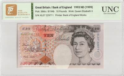 PThappally收藏第56次拍卖，英联邦地区硬币纸币 - 英格兰银行 1999 年 10 英镑 Pick 386b UNC
