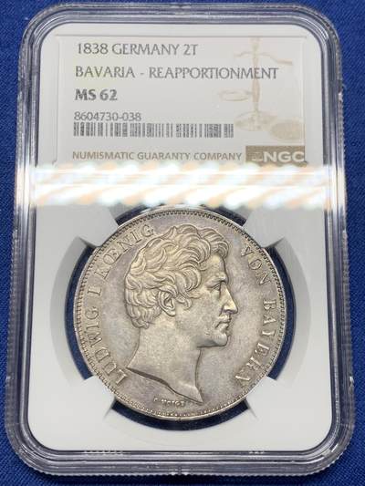 《竞宝斋》第477场 周日，周一 2场连拍 （全场包邮）欢迎送拍 - NGC MS62 德国 1838年 巴伐利亚恢复历史区划历史双泰勒 自然原味 值得收藏的状态