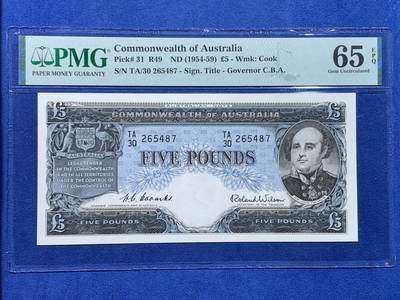《竞宝斋》第477场 周日，周一 2场连拍 （全场包邮）欢迎送拍 - PMG 65EPQ 澳大利亚1954版5镑纸币，亚军分，冠军分只有三张，而亚军分也只有两张。澳洲因气候环境原因纸币往往很难保存，澳镑是1966年澳元改革前的旧货币，与英镑挂钩，因流通彻底，发行总量少，故国外拍卖价一直较高。2023年HA拍卖，一张1954版的66分拍到了接近900美刀。