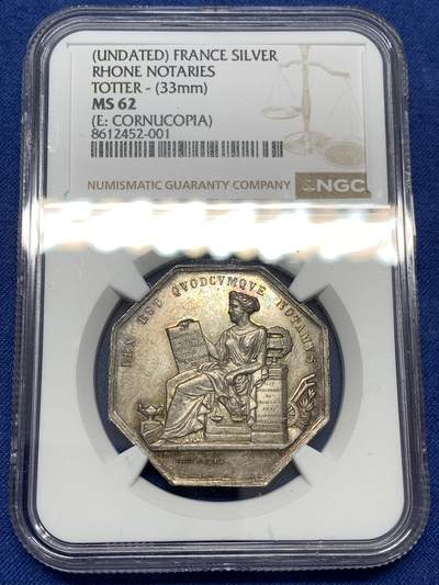 《竞宝斋》第477场 周日，周一 2场连拍 （全场包邮）欢迎送拍 - NGC MS62 法国维埃纳自由城公证人公会八角银质代币，底部签名BRONZ.GALE.F是雕刻师Gale的签名标识，正面为坐姿正义女神/法律女神浮雕，手持法典与天平。