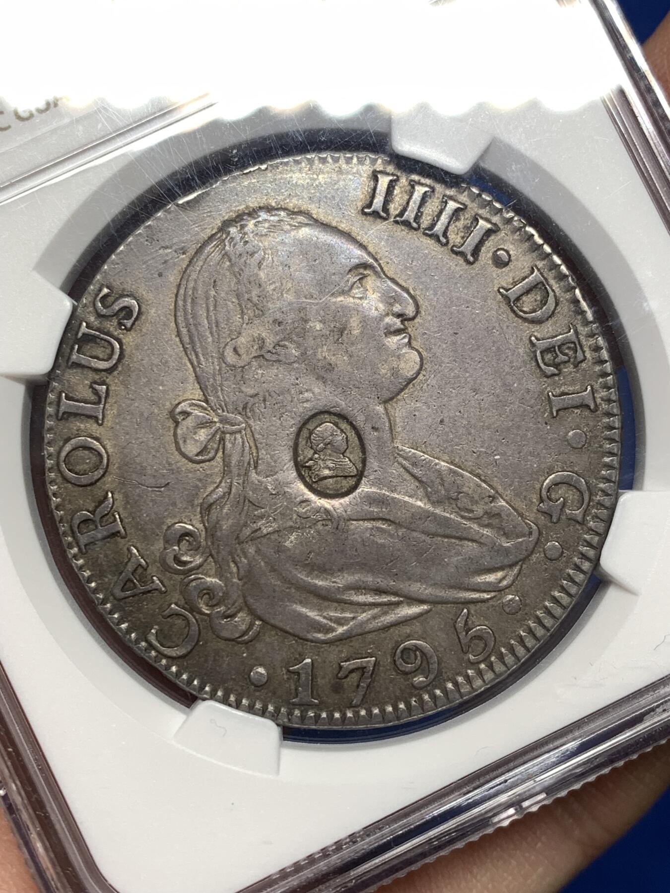 《竞宝斋》第477场 周日，周一 2场连拍 （全场包邮）欢迎送拍 NGC XF45 英格兰银行1795加盖本土卡四8里亚尔，本土加盖十分罕见，2024年50分SBP拍卖含佣2400刀成交