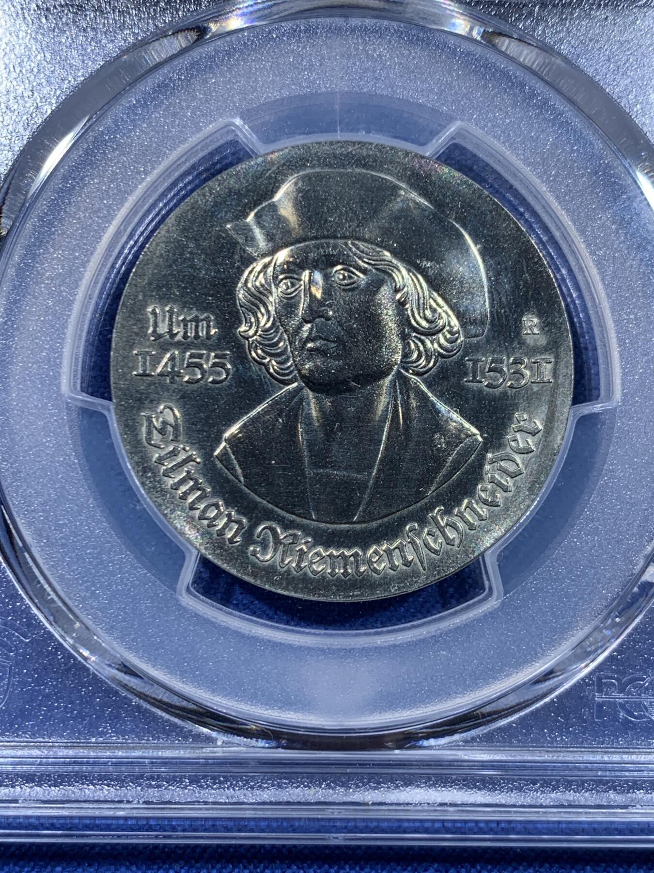 《竞宝斋》第477场 周日，周一 2场连拍 （全场包邮）欢迎送拍 PCGS MS64 东德1981年5马克纪念币 雕塑家蒂尔曼·里门施奈德逝世450周年