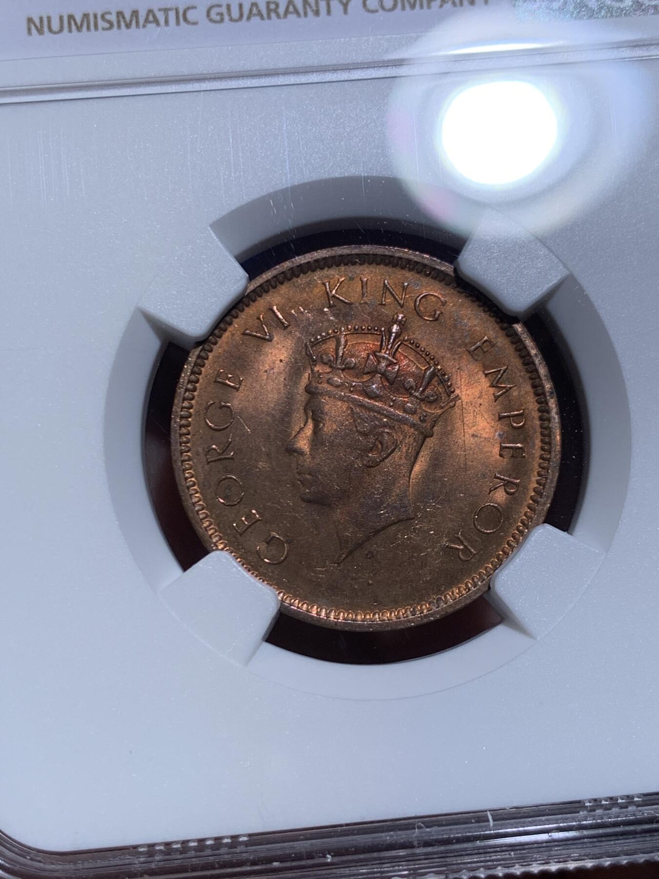 《竞宝斋》第477场 周日，周一 2场连拍 （全场包邮）欢迎送拍 NGC MS63RB 英属印度1939年B版1/4安娜铜币