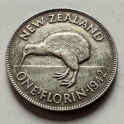 🌹外币初藏🌹🐯2026年第38场   每周二四六晚8️⃣点 世界钱币 - 新西兰 1942年 乔治六世 1弗罗林 28.6mm-11.31g-50%银 银币