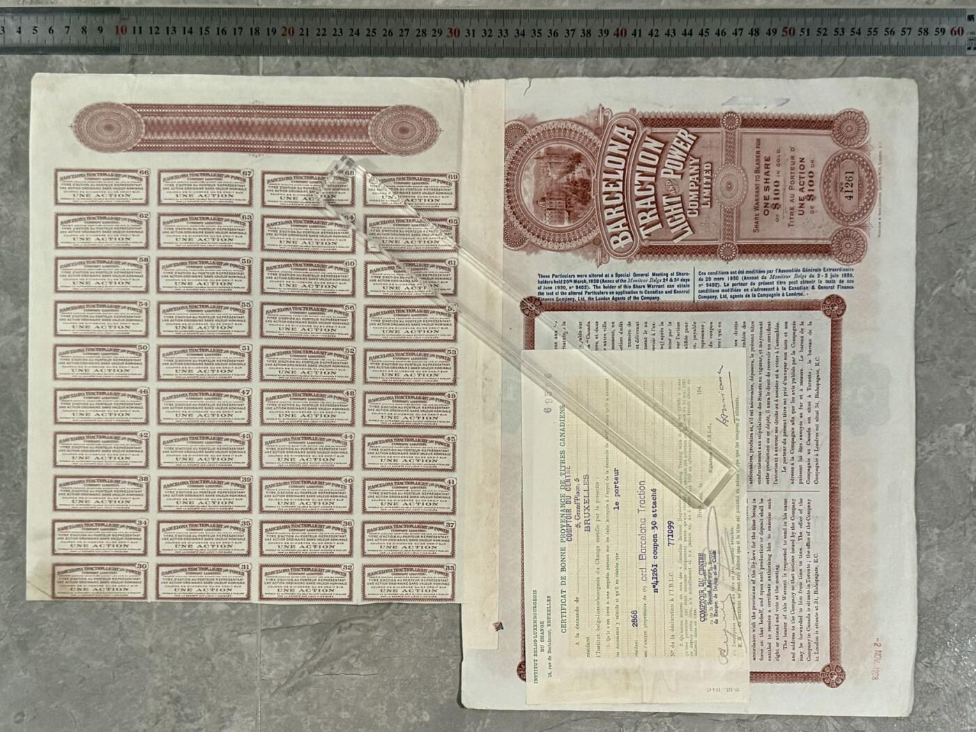  【乾奕收藏】上世纪初西班牙巴塞罗那电车电灯电力公司1913年100美元黄金股票，编号41261，送背面原始票据，品相以图为准，适合老证券、股票、历史资料收藏