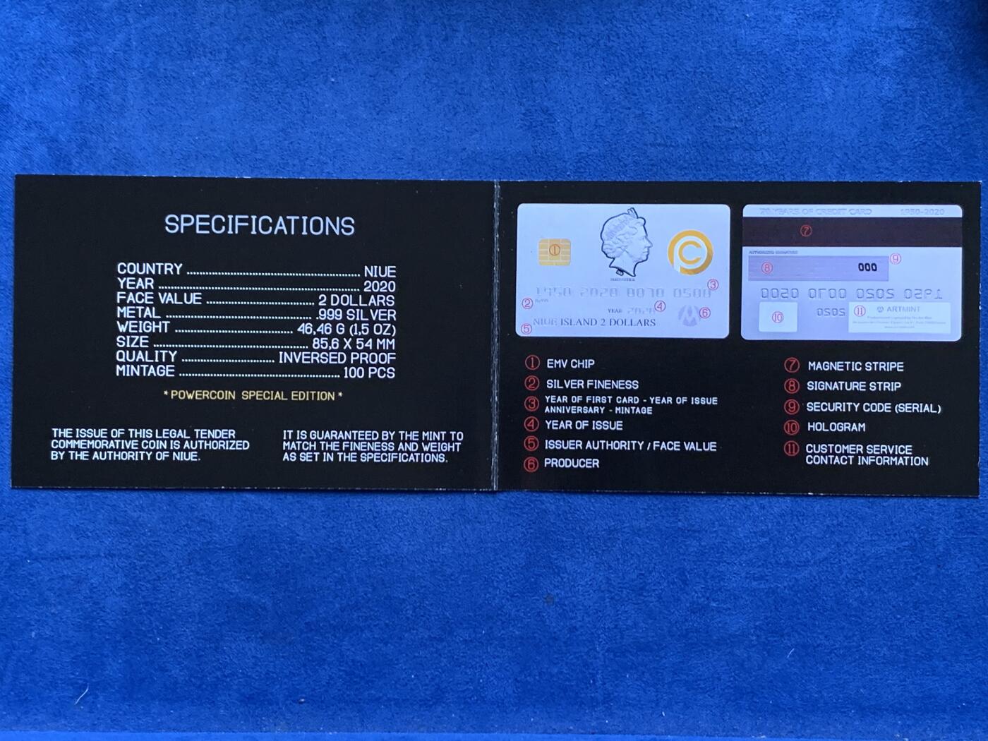 《竞宝斋》第477场 周日，周一 2场连拍 （全场包邮）欢迎送拍 纽埃2020年信用卡70周年（powercoin特别版）2元反精制方形银币 46.46克 1.5盎司 999银 发行量100枚 盒证全