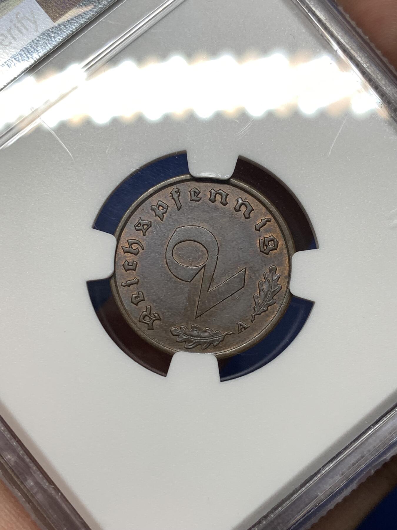 《竞宝斋》第477场 周日，周一 2场连拍 （全场包邮）欢迎送拍 NGC-MS62BN 德国1938A 二芬尼铜币，经典品种，品相不错