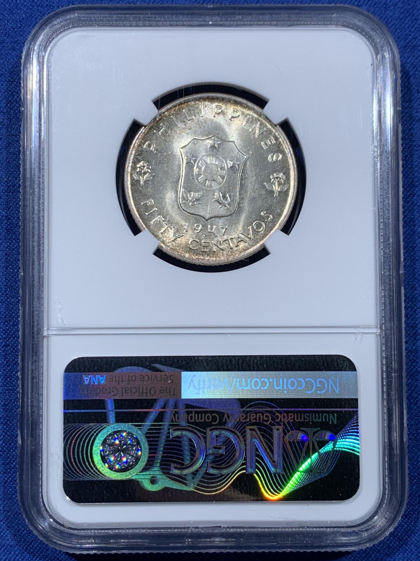 《竞宝斋》第477场 周日，周一 2场连拍 （全场包邮）欢迎送拍 NGC UNC 菲律宾 1947年 麦克阿瑟50分银币，正面人像旁边有一点小发丝 性价比之选