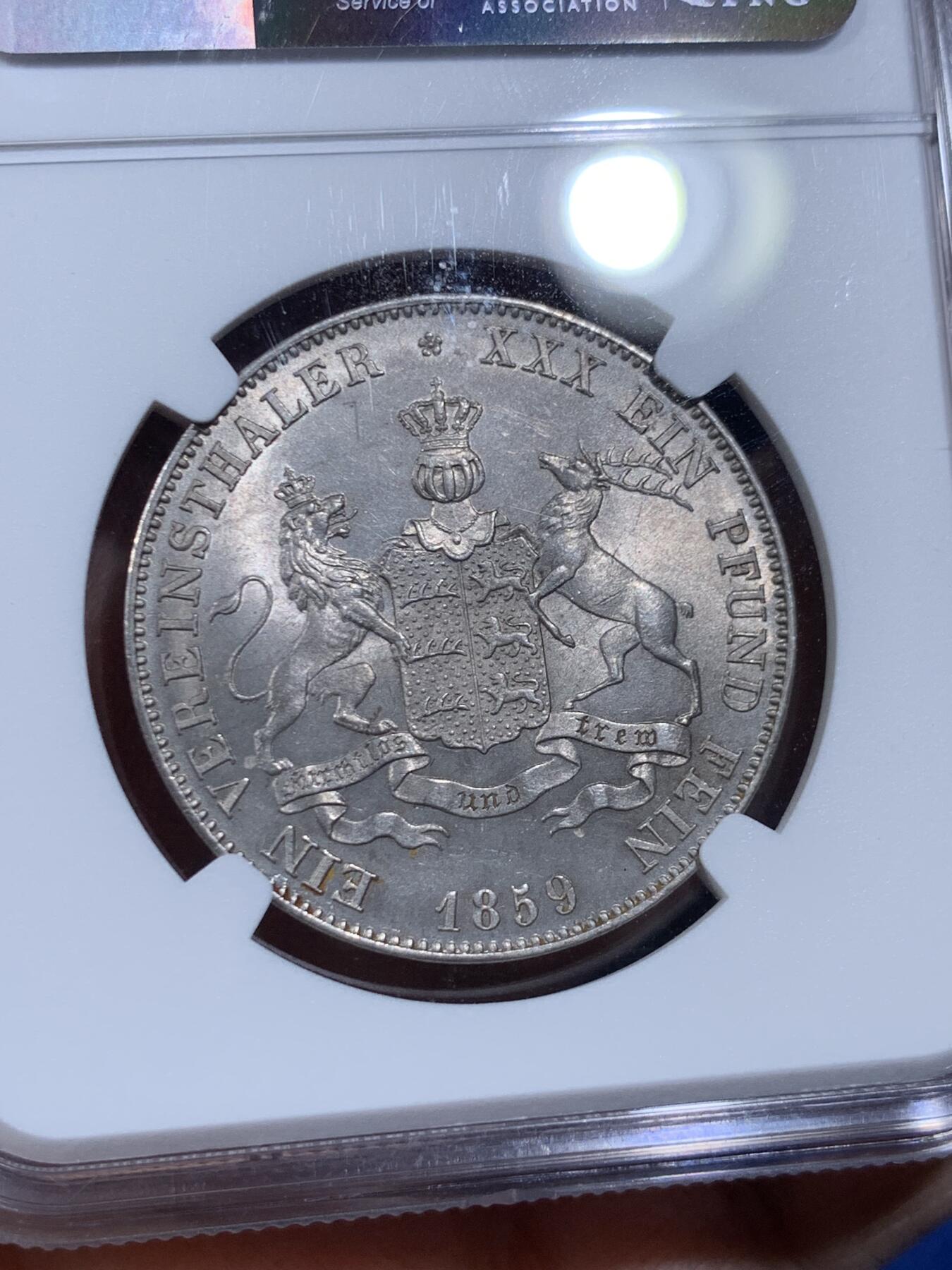 《竞宝斋》第477场 周日，周一 2场连拍 （全场包邮）欢迎送拍 NGC MS61 德国 1859 符腾堡 狮鹿泰勒 银币 德意志帝国早期南德邦国货币，少见品种