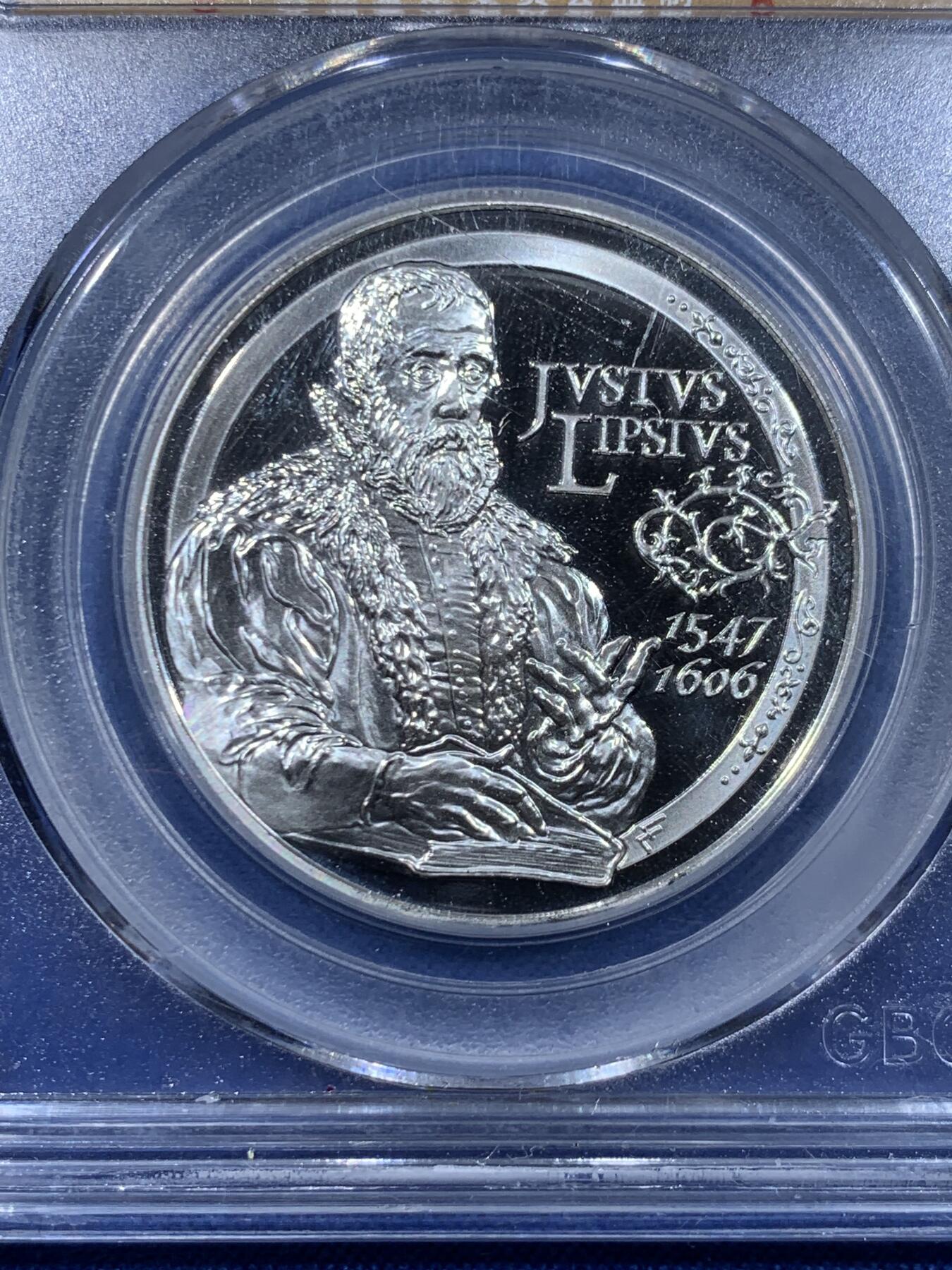 《竞宝斋》第477场 周日，周一 2场连拍 （全场包邮）欢迎送拍 公博 PF70 比利时2006年10欧元精制银币 欧洲之星系列-尤斯图斯·利普修斯逝世400周年（文学家和哲学家)  18.75克 925银 发行量5万枚