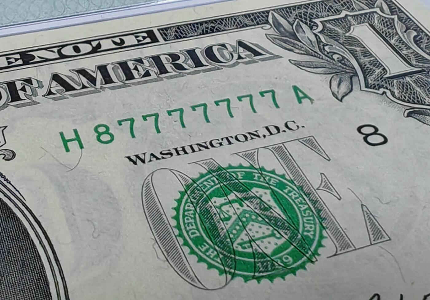 1985年美国1元，恐龙号87777777，幸运7，PMG 66E