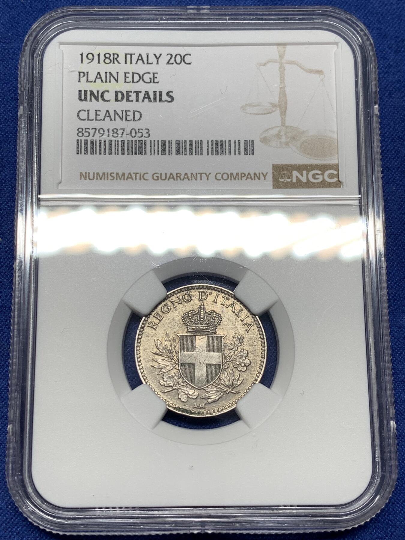 《竞宝斋》第477场 周日，周一 2场连拍 （全场包邮）欢迎送拍 NGC-UNC 意大利1918R二十分镍币，少见品种