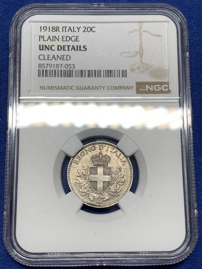 《竞宝斋》第477场 周日，周一 2场连拍 （全场包邮）欢迎送拍 - NGC-UNC 意大利1918R二十分镍币，少见品种