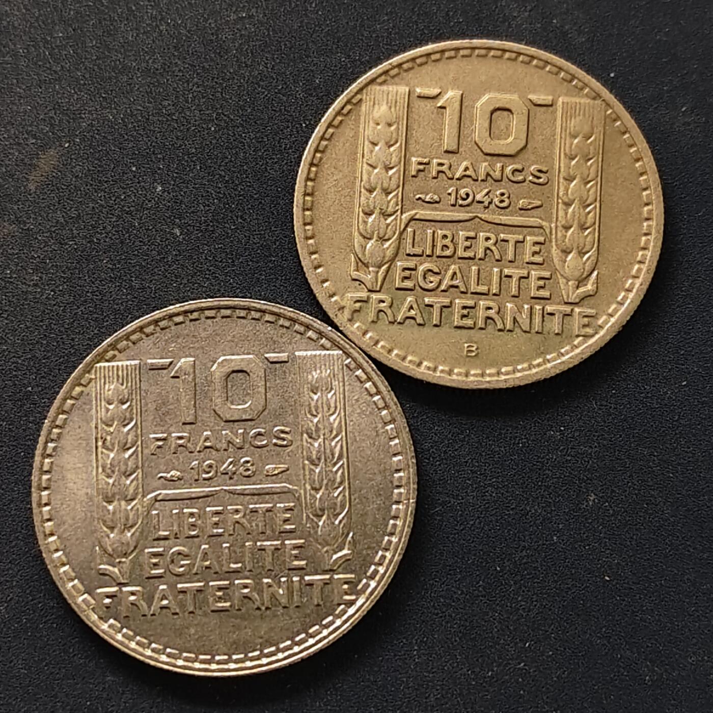 【全场包邮】纯粹捡漏拍518场 法国1948年10法郎无标+B标2版本2枚一组（编号KM909.1/KM909.2）