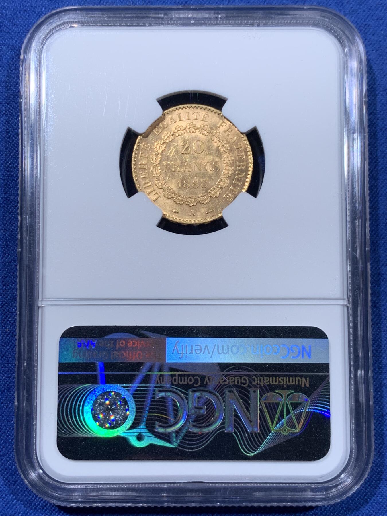 《竞宝斋》第477场 周日，周一 2场连拍 （全场包邮）欢迎送拍 NGC MS62 法国1888年幸运天使金币 20法郎 少见原光好品收藏金币 1888发财好币 此年是该系列中发行量最少的年份 900金 6.45克 只有27707枚 因此高分很难得