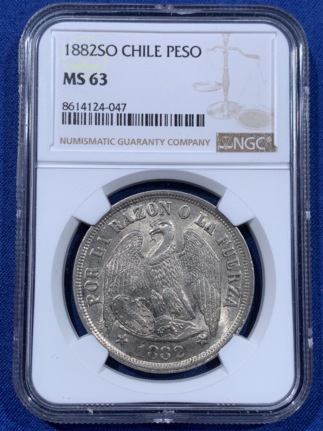 《竞宝斋》第477场 周日，周一 2场连拍 （全场包邮）欢迎送拍 NGC MS63 智利1882年1比索大银币