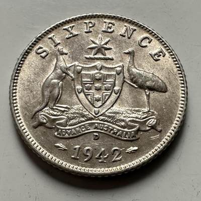 🌹外币初藏🌹🐯2026年第38场   每周二四六晚8️⃣点 世界钱币 - 澳大利亚 1942年D版 乔治六世 6便士 19.3mm-2.83g-92.5%银 银币