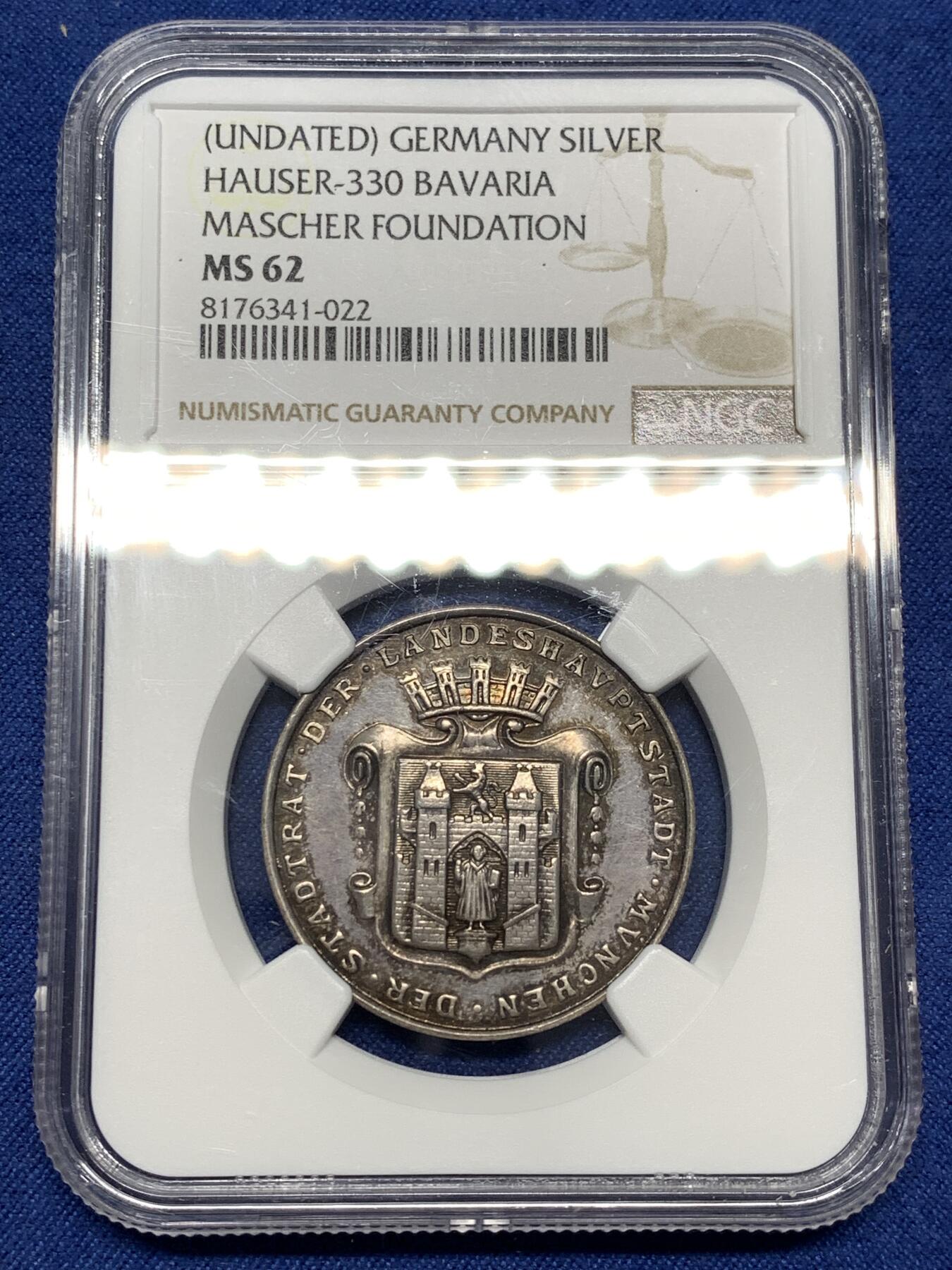 《竞宝斋》第477场 周日，周一 2场连拍 （全场包邮）欢迎送拍 NGC MS62 德国20世纪初巴伐利亚慕尼黑玛舍尔基金会纪念银章 原味黑彩 罕见品种收藏品质