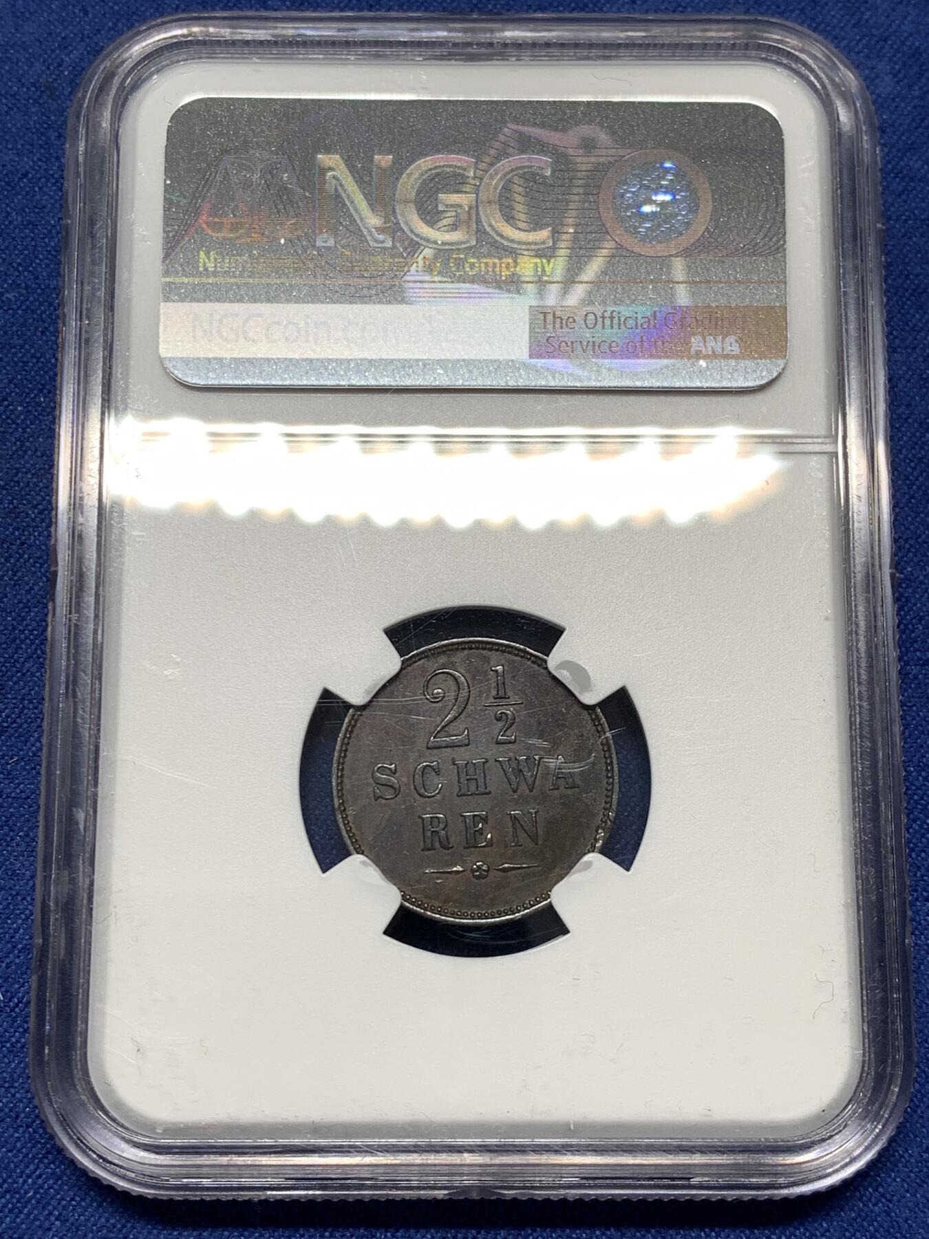 《竞宝斋》第477场 周日，周一 2场连拍 （全场包邮）欢迎送拍 NGC AU55BN 德国不来梅 1866年 2.5S 铜币