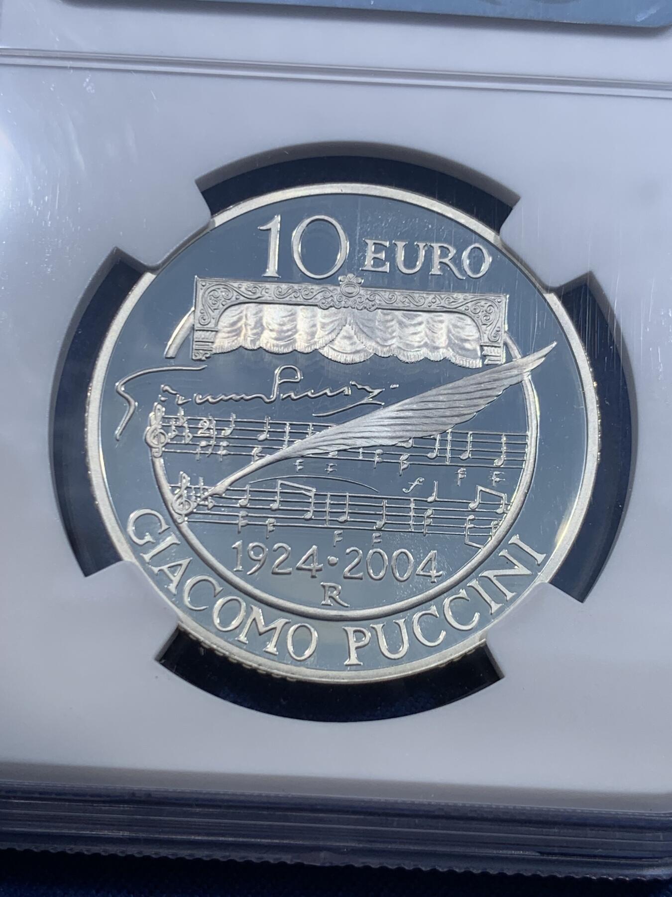 《竞宝斋》第477场 周日，周一 2场连拍 （全场包邮）欢迎送拍 NGC PF69UC 意大利2004年贾科莫·普契尼（意大利歌剧作曲家) 10欧元精制银币 22克 925银 发行量8000枚 冠军分