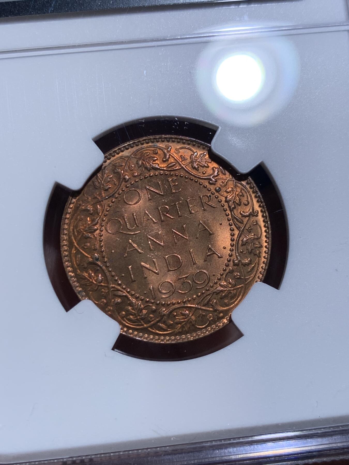 《竞宝斋》第477场 周日，周一 2场连拍 （全场包邮）欢迎送拍 NGC MS63RB 英属印度1939年B版1/4安娜铜币